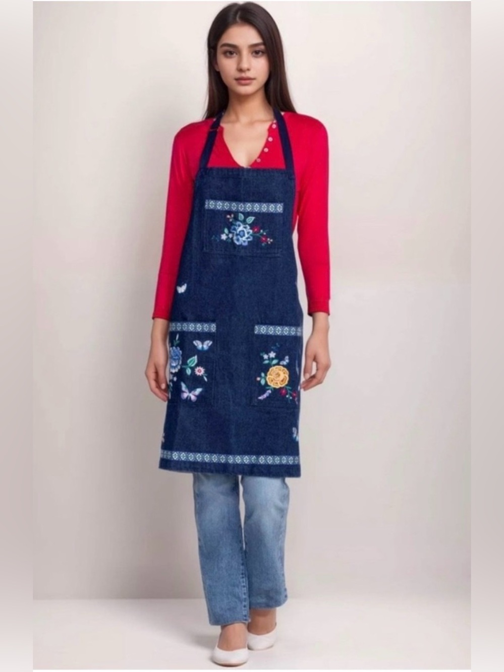 Johnny Was Taymia Floral & Butterfly Embroidered Denim Apron Like New